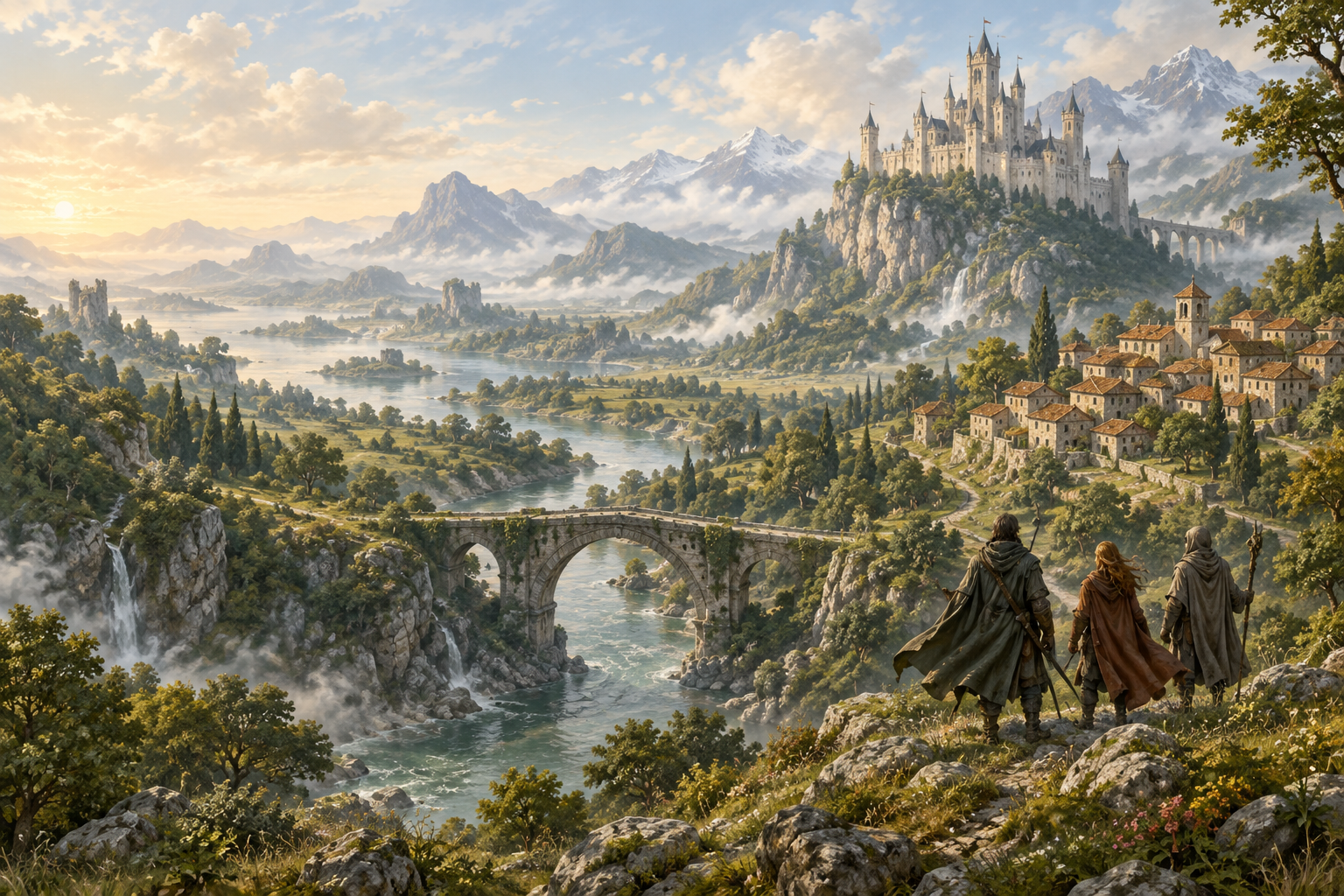 Three adventurers overlook a river, an ancient bridge and a sunlit castle in a green mountain valley.